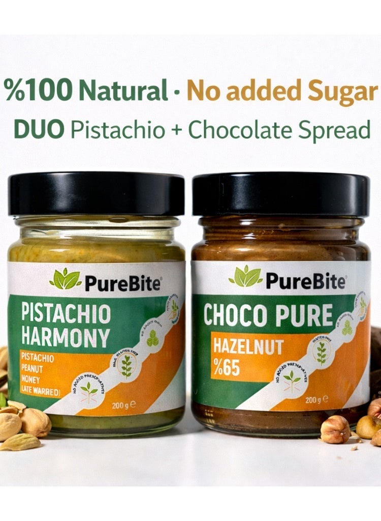 PURE BITE %100 Natural Pistachio Spread, NO Sugar added, NO Preservatives-200gr. & %65 Hazelnut, NO Sugar added, Chocolate Spread-200gr. Bundle - Image 1